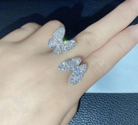 Custom Brand 18k White Gold Tow Butterfly Diamond Finger Ring