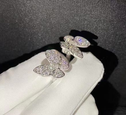 Custom Brand 18k White Gold Tow Butterfly Diamond Finger Ring