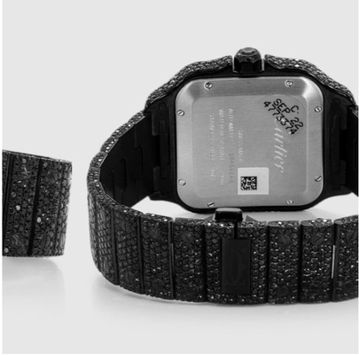 Scratch Resistant Black Iced Out Watch Square Dial Santos 40mm SS With Diamonds