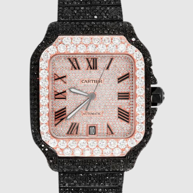Scratch Resistant Black Iced Out Watch Square Dial Santos 40mm SS With Diamonds